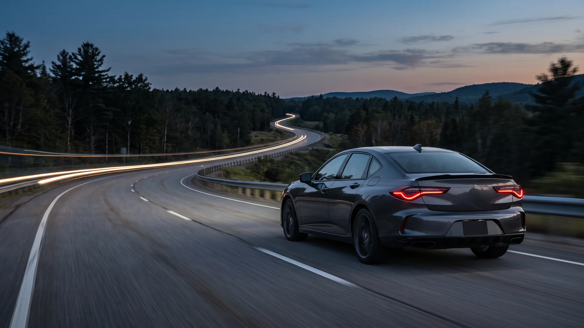 A graphite sedan heading down an open road at blue hour