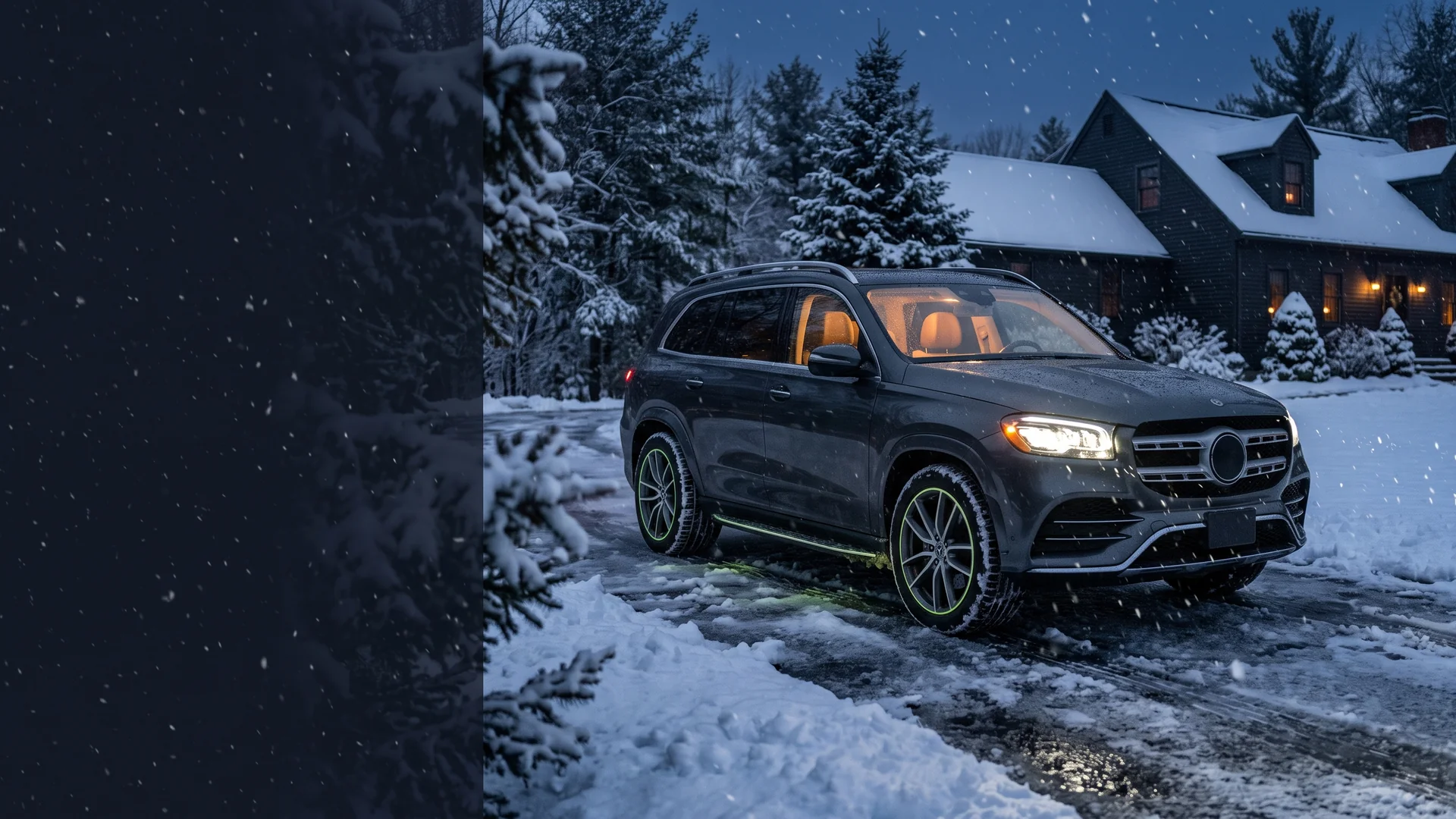 An illuminated SUV on a snowy winter evening